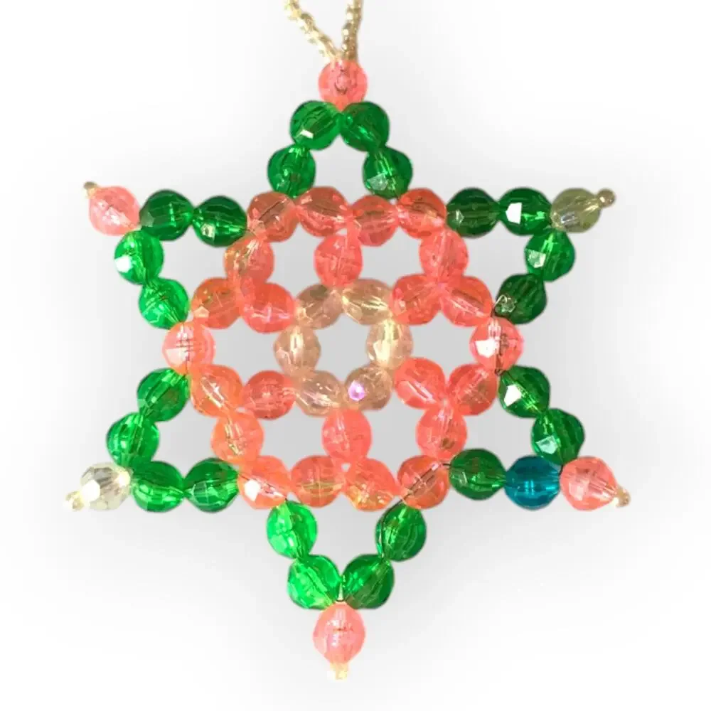 Vintage beaded Christmas star - handmade Christmas ornament, green and pink